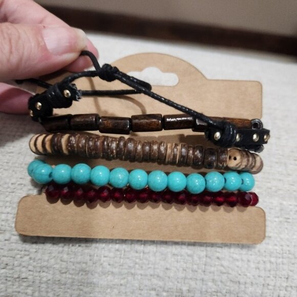 Nwt Unisex Multicolor Beaded and Leather Bracelet Set - Picture 4 of 4